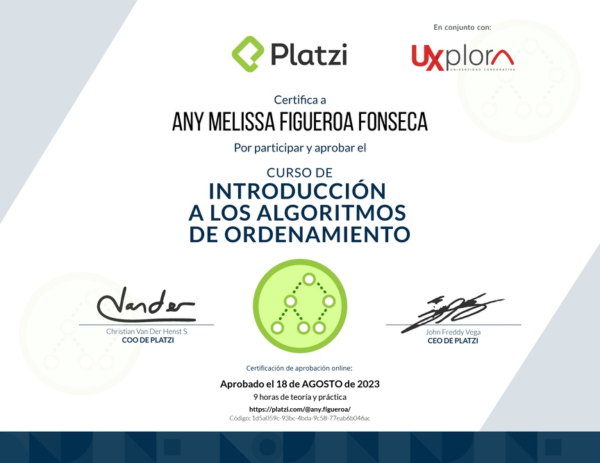 Diploma del Curso de Introducción a los Algoritmos de Ordenamiento