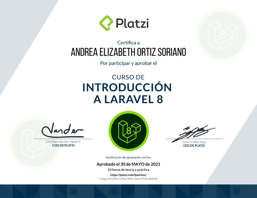 Diploma del Curso de Introducción a Laravel 8