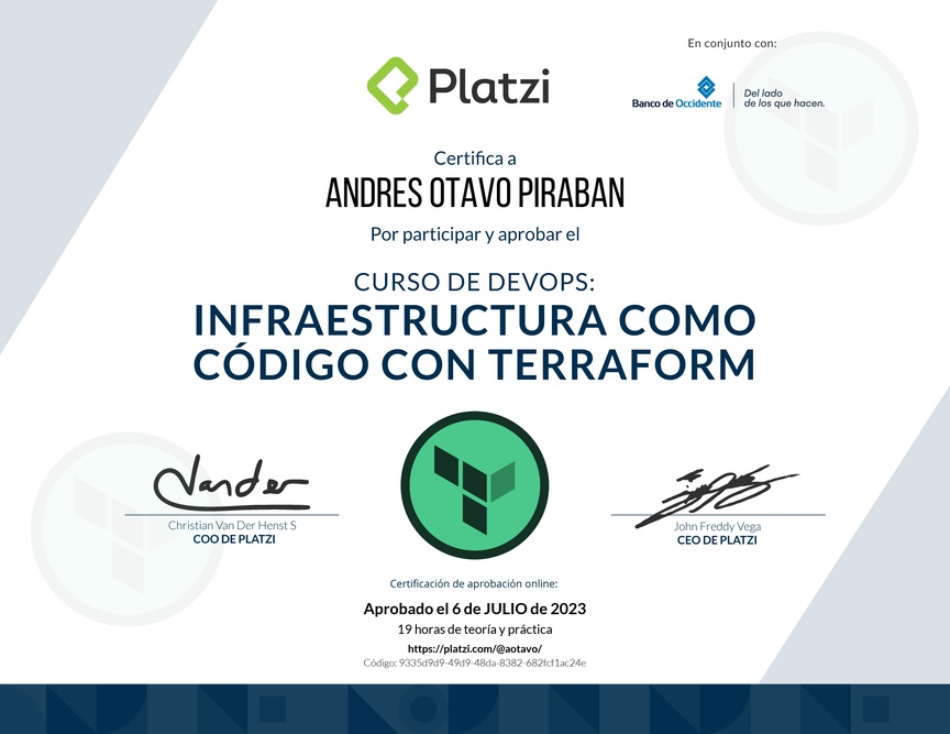 Diploma del Curso de Infraestructura Como Código con Terraform