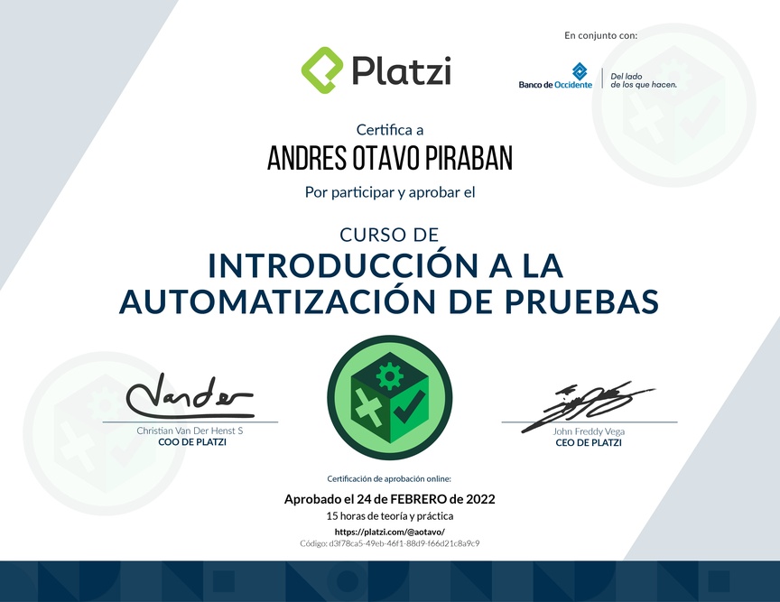 Diploma del Curso de Introducción a la Automatización de Pruebas