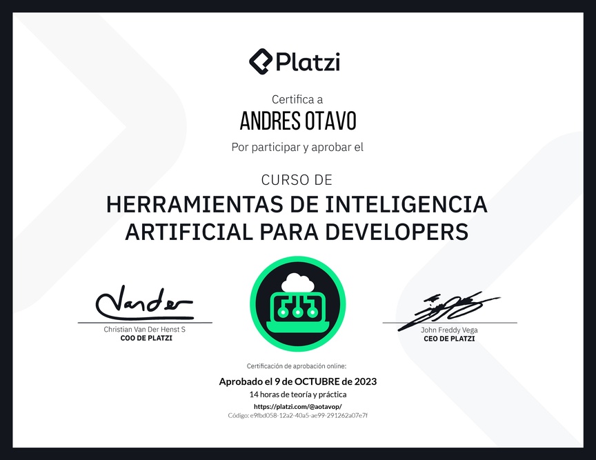 Diploma del Curso de Herramientas de Inteligencia Artificial para Developers (2023)