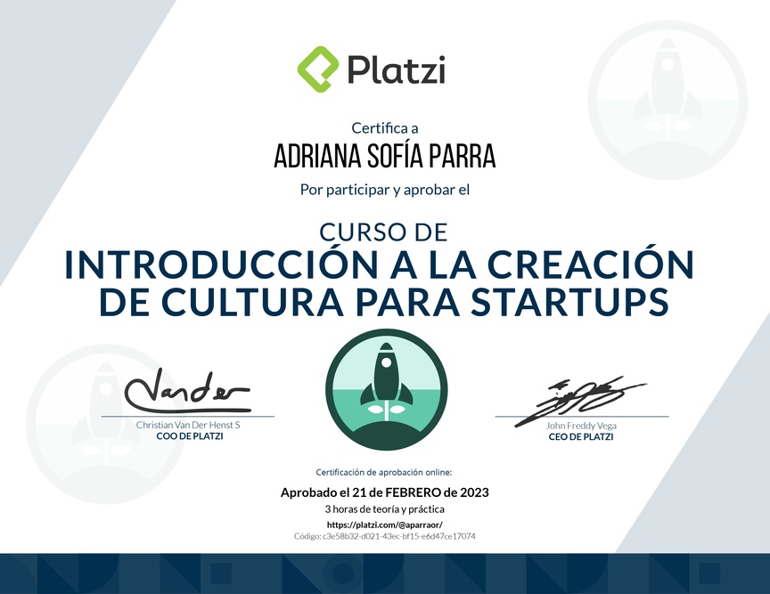 Diploma del Curso de Introducción a la Creación de Cultura para Startups