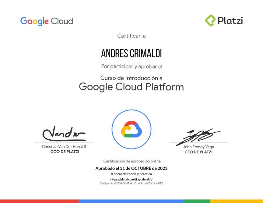 Diploma del Curso de Introducción a Google Cloud Platform