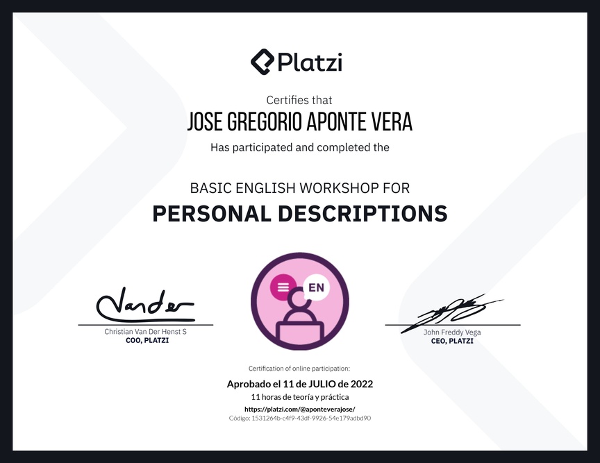 Diploma del Curso de Inglés Práctico para Descripciones Personales (2020=