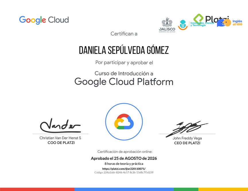 Diploma del Curso de Introducción a Google Cloud Platform