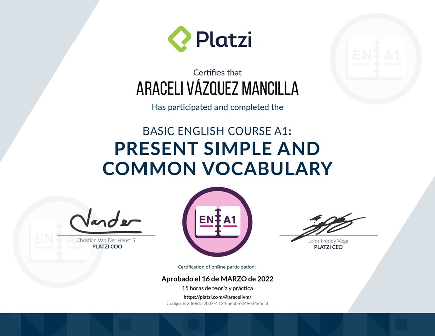 Diploma del Curso de Inglés Básico A1: Presente Simple y Vocabulario Común (2021)