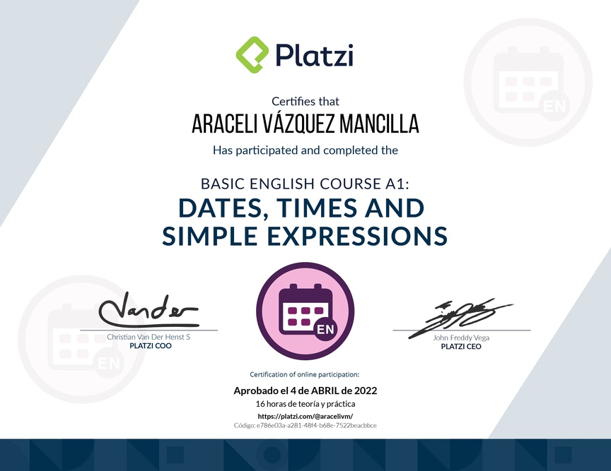 Diploma del Curso de Inglés Básico A1: Fechas, Horas y Expresiones Simples