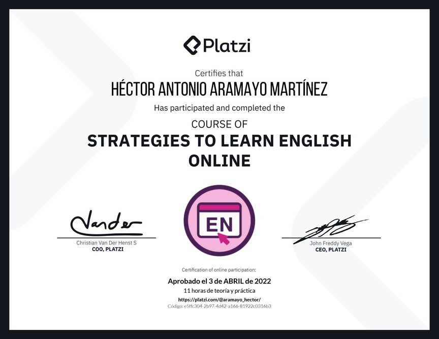 Diploma del Curso Gratis de Estrategias para Aprender Inglés en Línea