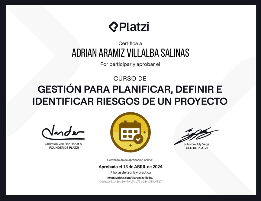 Diploma del Curso de Gestión para Planificar, Definir e Identificar Riesgos de un Proyecto