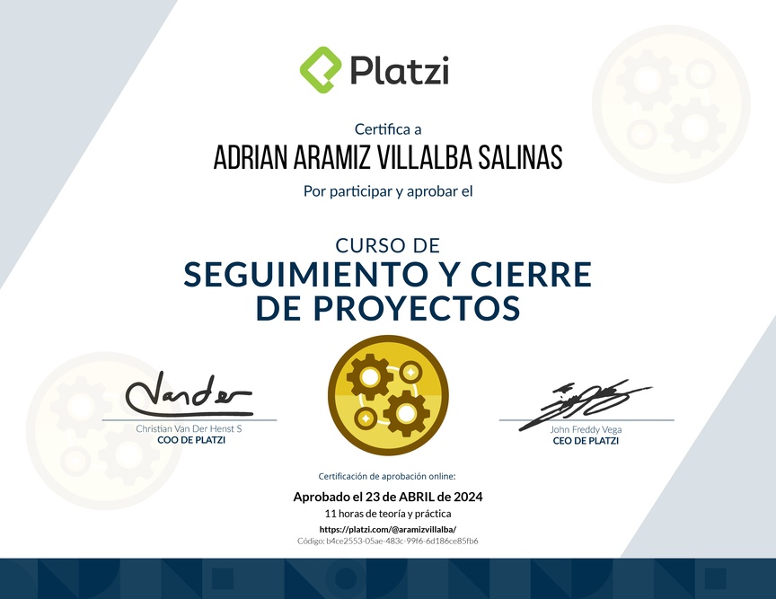 Diploma del Curso de Seguimiento y Cierre de Proyectos