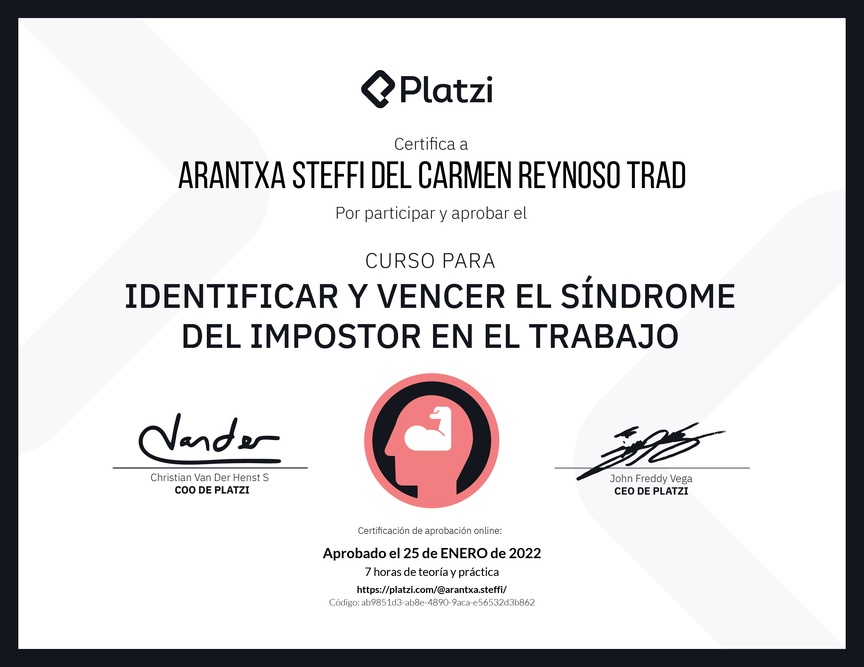 Diploma del Curso para Identificar y Vencer el Síndrome del Impostor