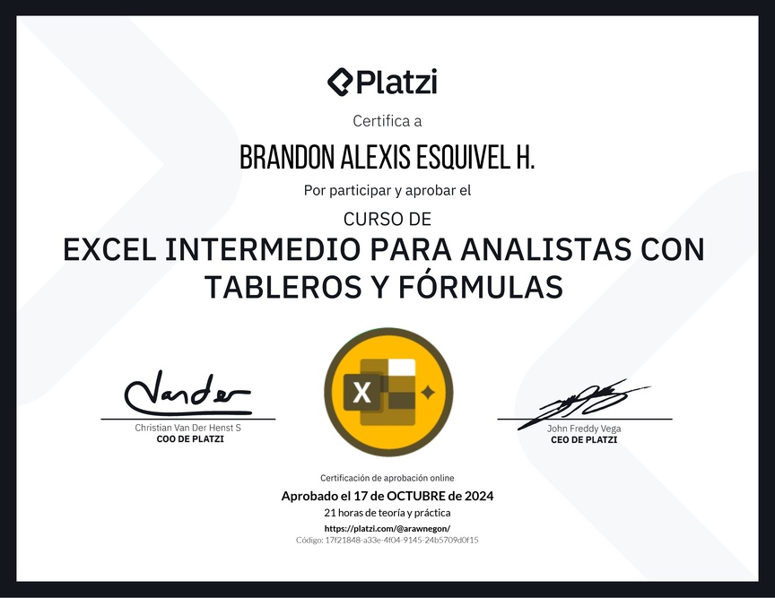 Diploma del Curso de Excel Intermedio para Analistas con Tableros y Fórmulas