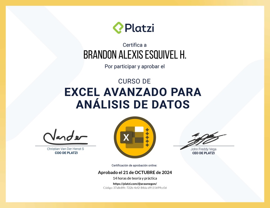 Diploma del Curso de Excel Avanzado para Análisis de Datos