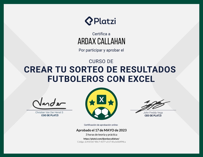 Diploma de Crea tu sorteo de resultados futboleros con Excel