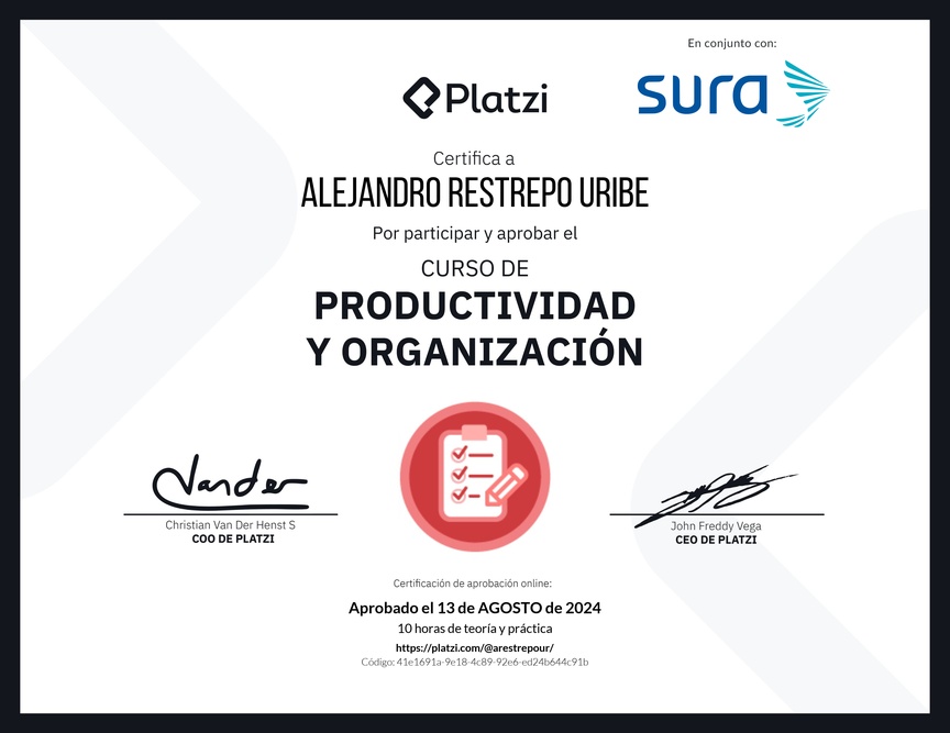 Diploma del Curso de Productividad y Organización