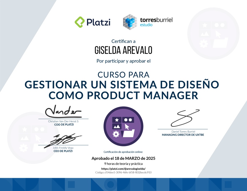 Diploma del Curso para Gestionar un Sistema de Diseño como Product Manager