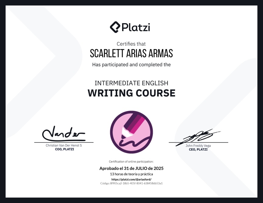 Diploma del Curso Intermedio de Escritura en Inglés