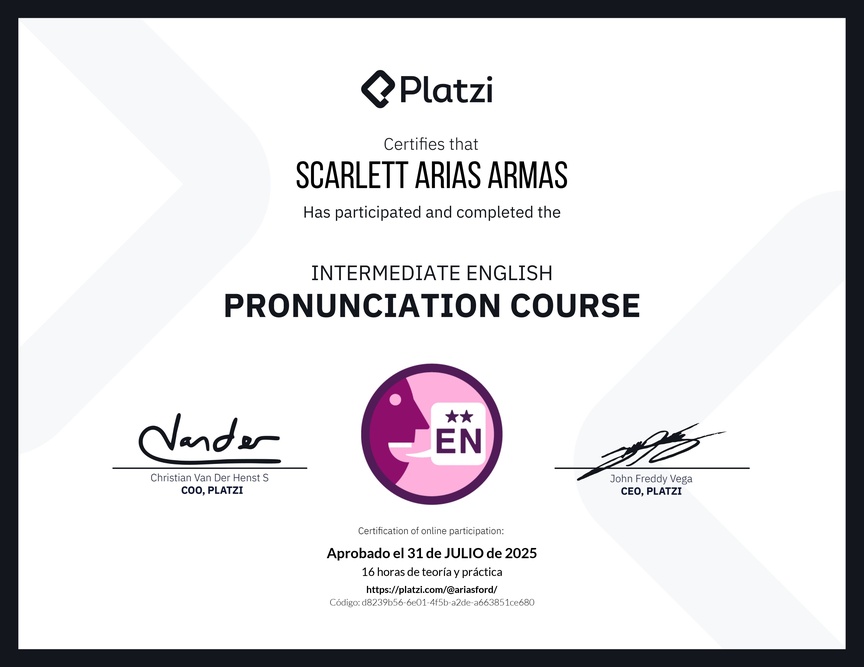 Diploma del Curso Intermedio de Pronunciación en Inglés