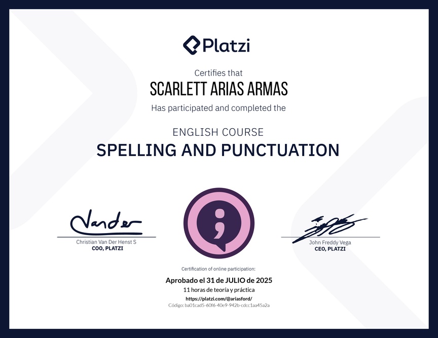 Diploma del Curso de Ortografía y Puntuación en Inglés