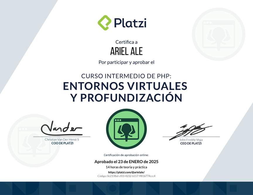 Diploma del Curso de PHP: Entornos Virtuales y Funciones Avanzadas