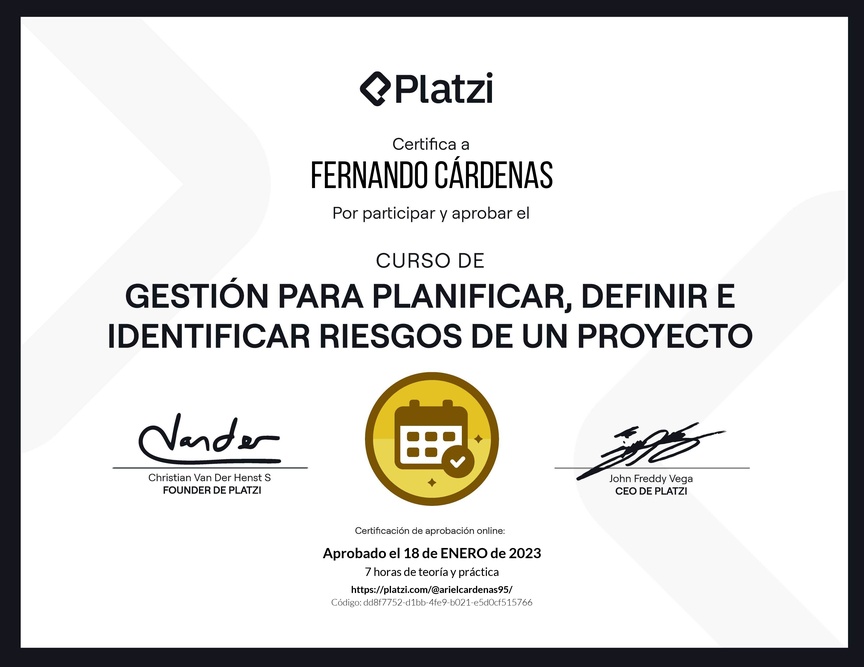 Diploma del Curso de Gestión para Planificar, Definir e Identificar Riesgos de un Proyecto