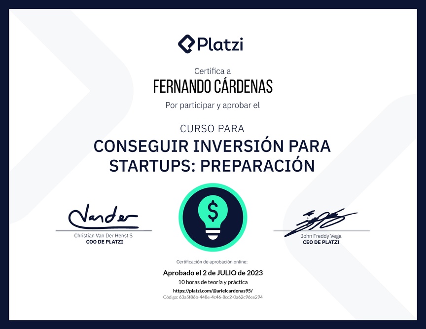 Diploma del Curso para Conseguir Inversión para Startups: Preparación