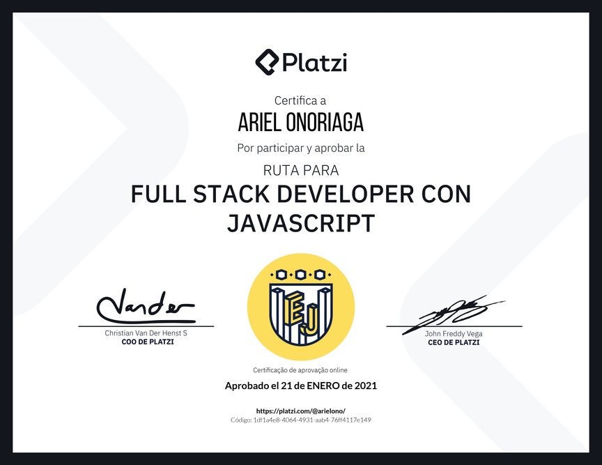 Diploma de la Ruta de Aprendizaje de Full Stack Developer con JavaScript