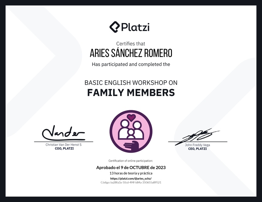 Diploma del Curso de Inglés Práctico sobre los Miembros de la Familia