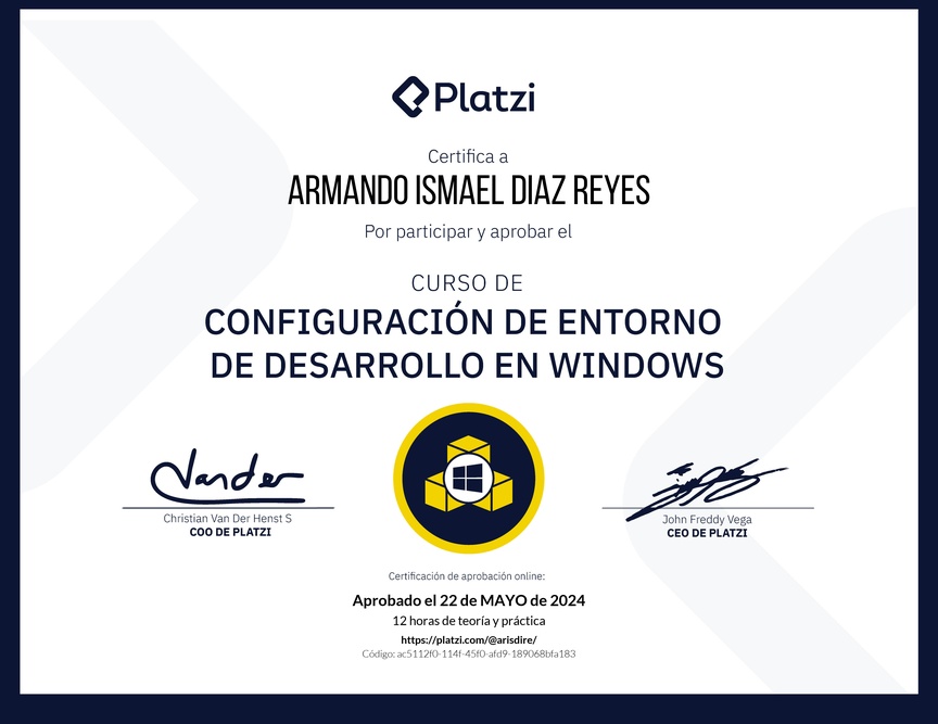 Diploma del Curso de Configuración de Entorno de Desarrollo en Windows