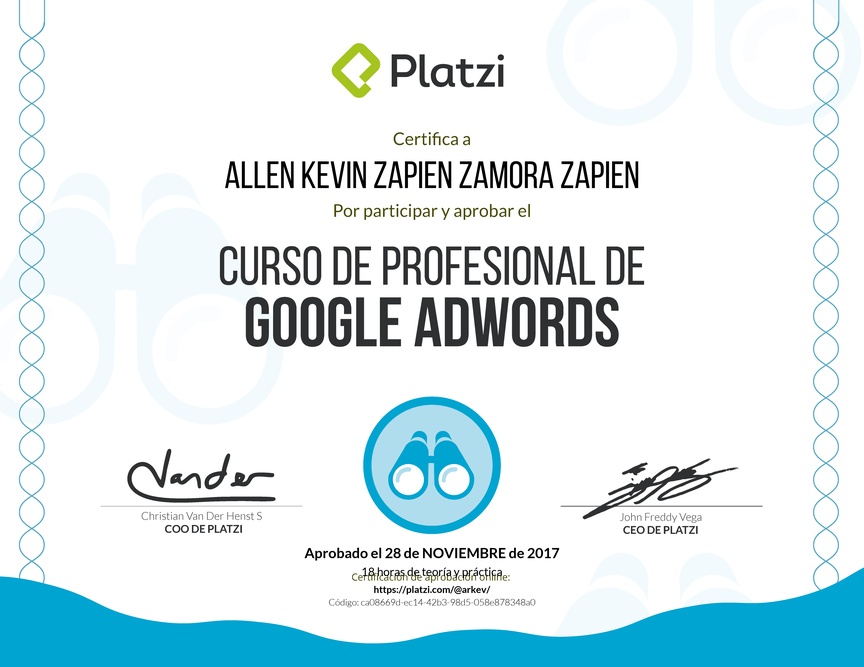 Diploma del Curso Profesional de Google AdWords 2016