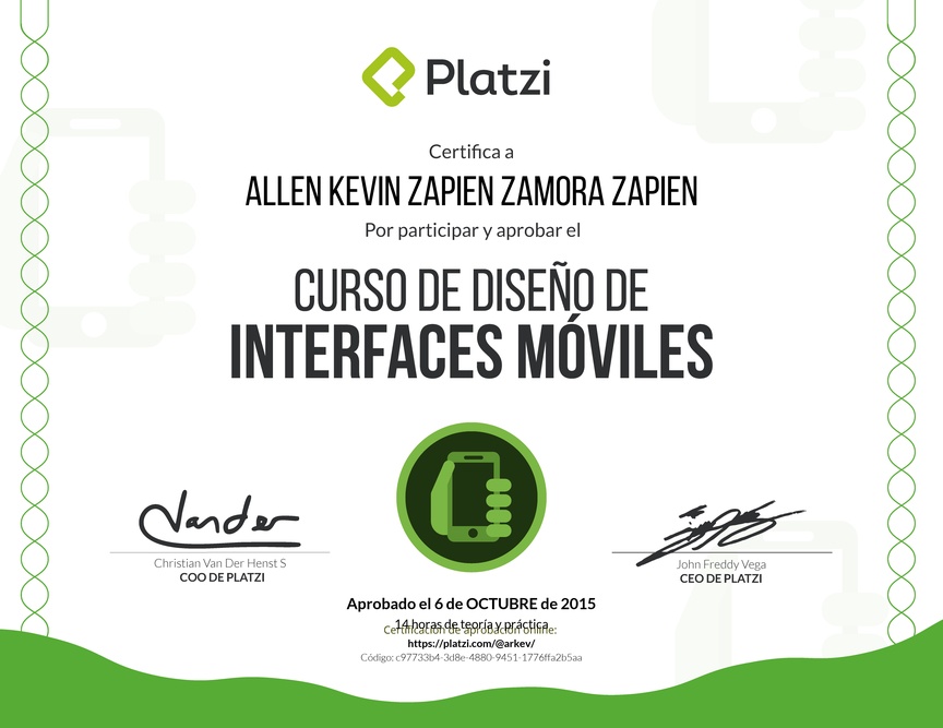 Diploma del Curso de Diseño de Interfaces Móviles 2015