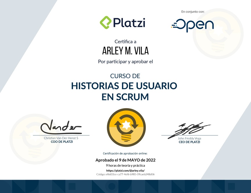 Diploma del Curso de Historias de Usuario en Scrum