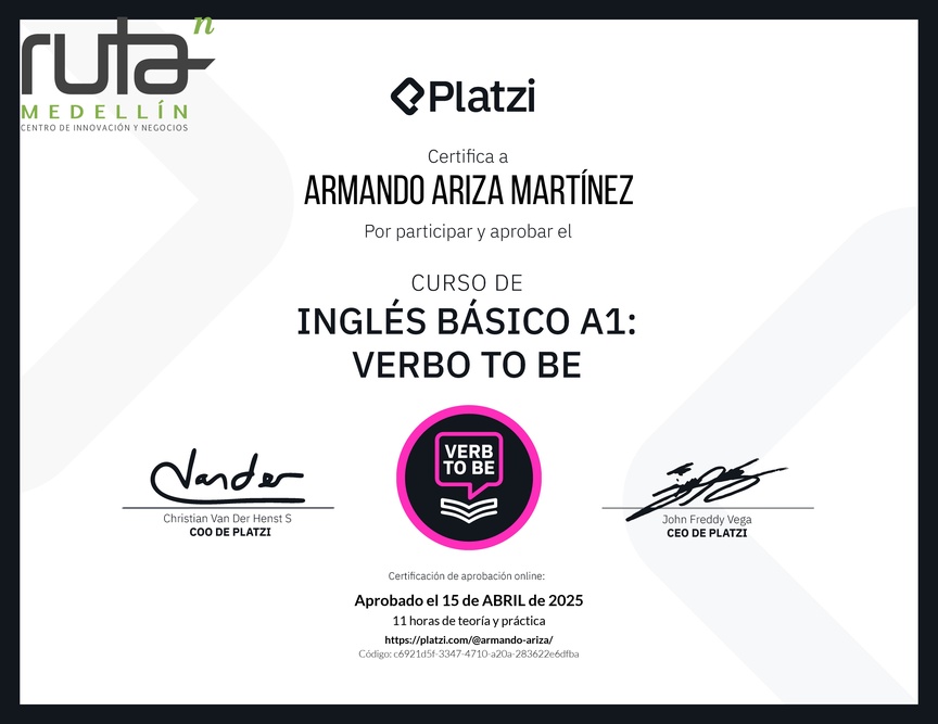 Diploma del Curso de Inglés Básico A1: Verbo To Be