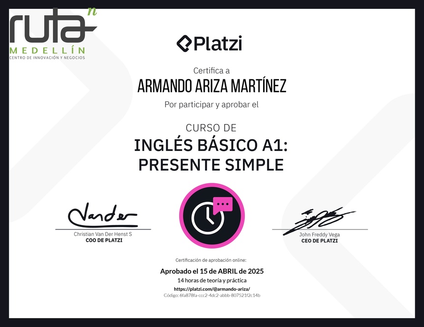 Diploma del Curso de Inglés Básico A1: Presente Simple