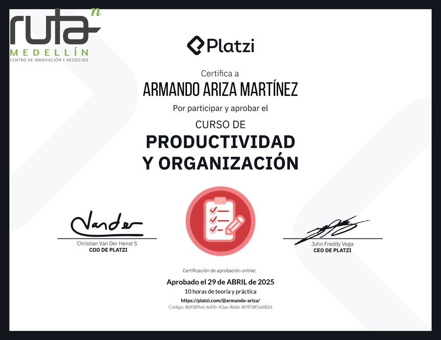 Diploma del Curso de Productividad y Organización