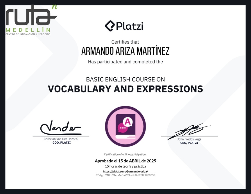 Diploma del Curso Básico de Vocabulario y Expresiones en Inglés