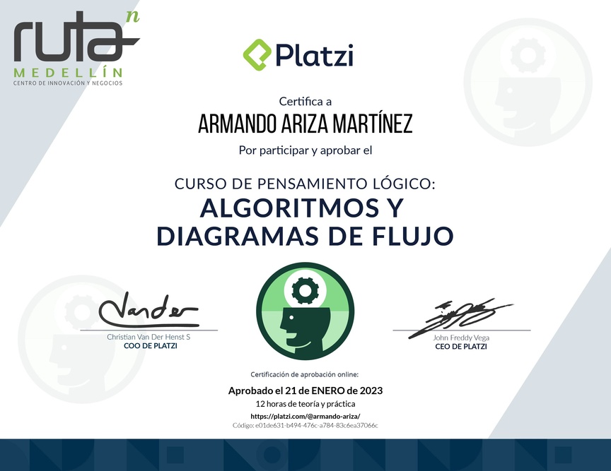 Diploma del Curso de Pensamiento Lógico: Algoritmos y Diagramas de Flujo