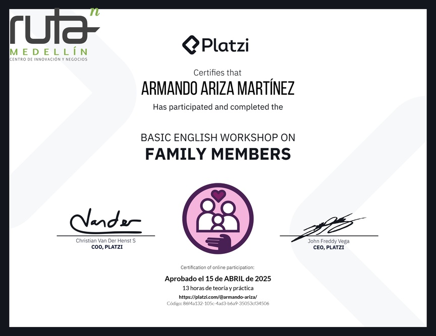Diploma del Curso de Inglés Práctico sobre los Miembros de la Familia