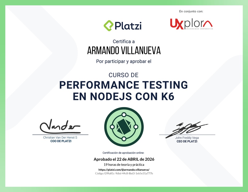Diploma del Curso de Performance Testing en Node.js con K6