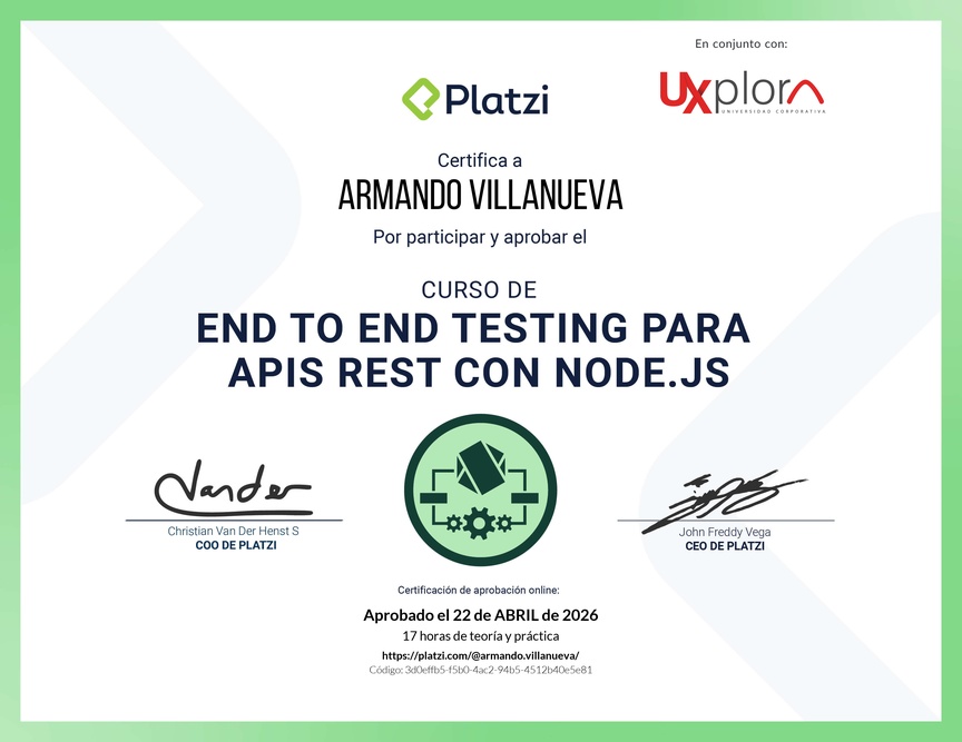 Diploma del Curso de End to End Testing para APIs REST con Node.js