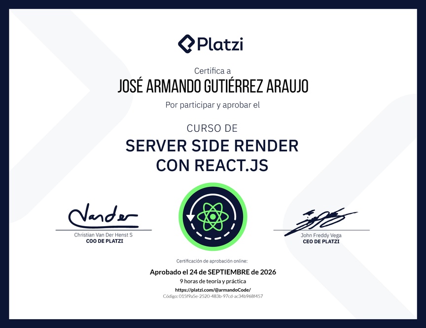 Diploma del Curso de Server Side Render o SSR con React.js
