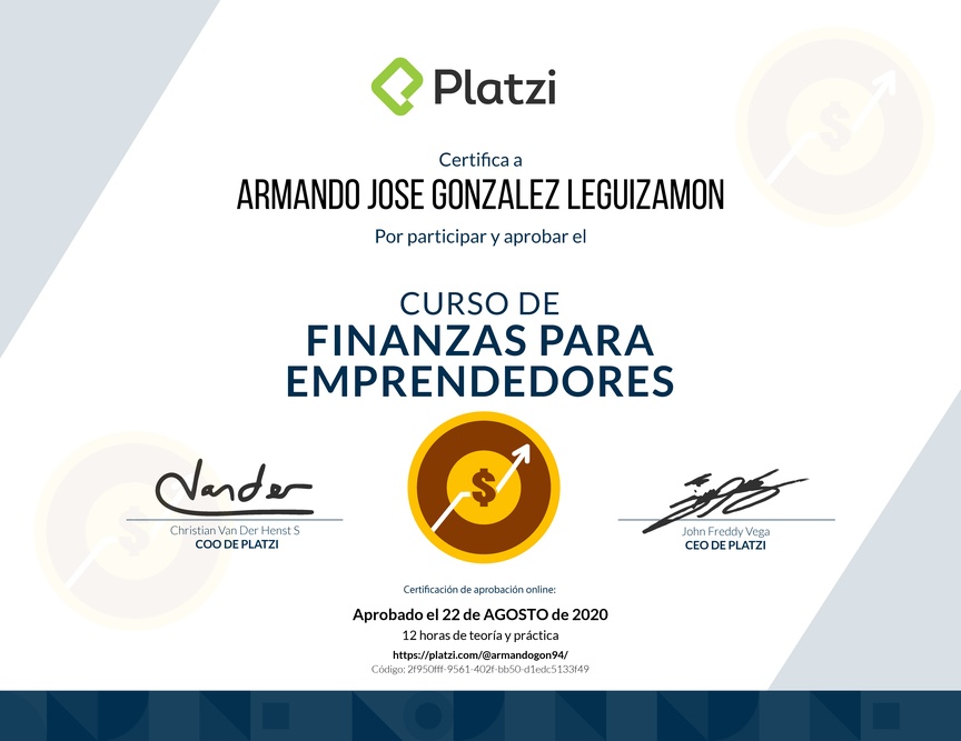 Diploma del Curso de Finanzas para Emprendedores