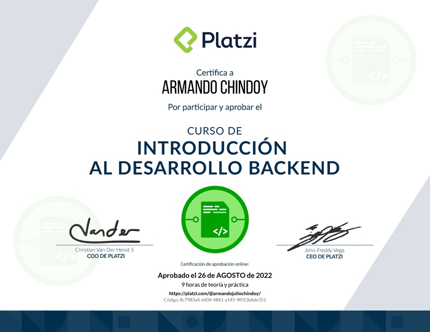 Diploma del Curso de Introducción al Desarrollo Backend