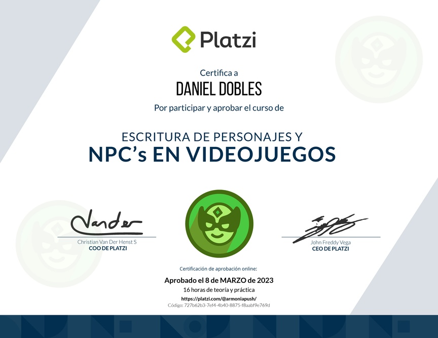 Diploma del Curso de Escritura de Personajes y NPC en Videojuegos