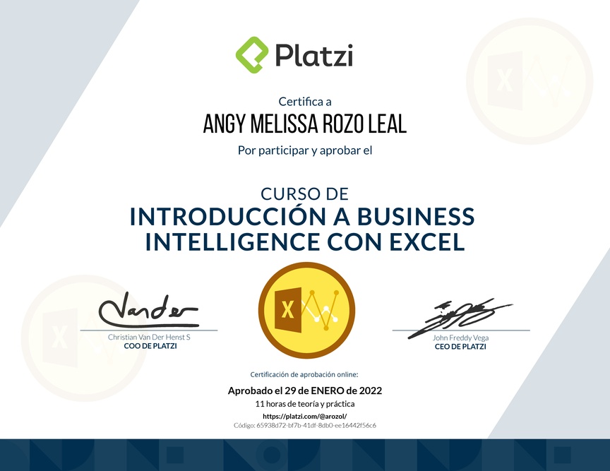 Diploma del Curso de Introducción a Business Intelligence con Excel