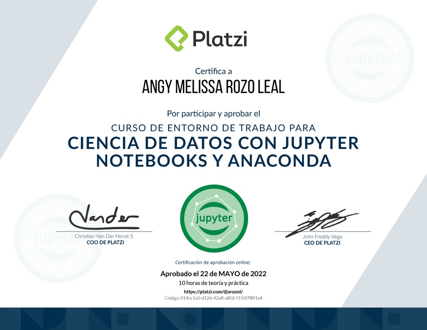 Diploma del Curso de Entorno de Trabajo para Ciencia de Datos con Jupyter Notebooks y Anaconda