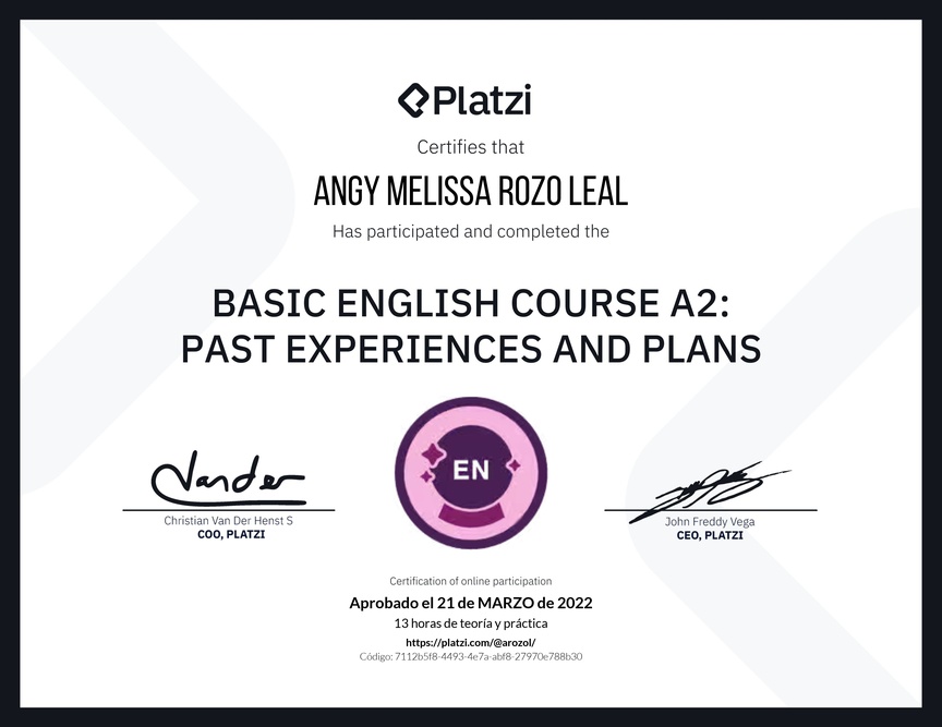 Diploma del Curso de Inglés Básico A2: Experiencias Pasadas y Planes
