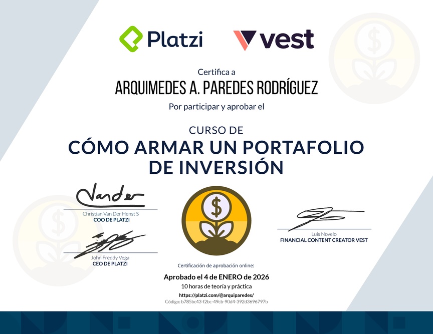 Diploma del Curso de Cómo Armar un Portafolio de Inversión con Vest