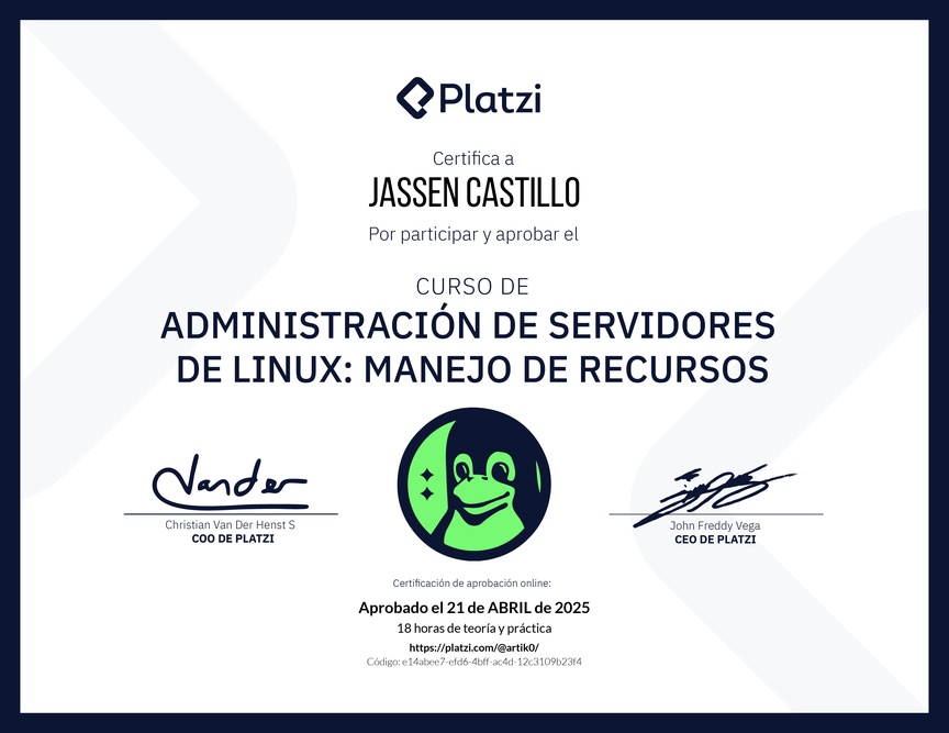 Diploma del Curso de Administración de Servidores Linux: Manejo de Recursos