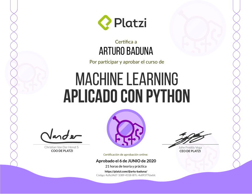 Diploma del Curso de Machine Learning Aplicado con Python